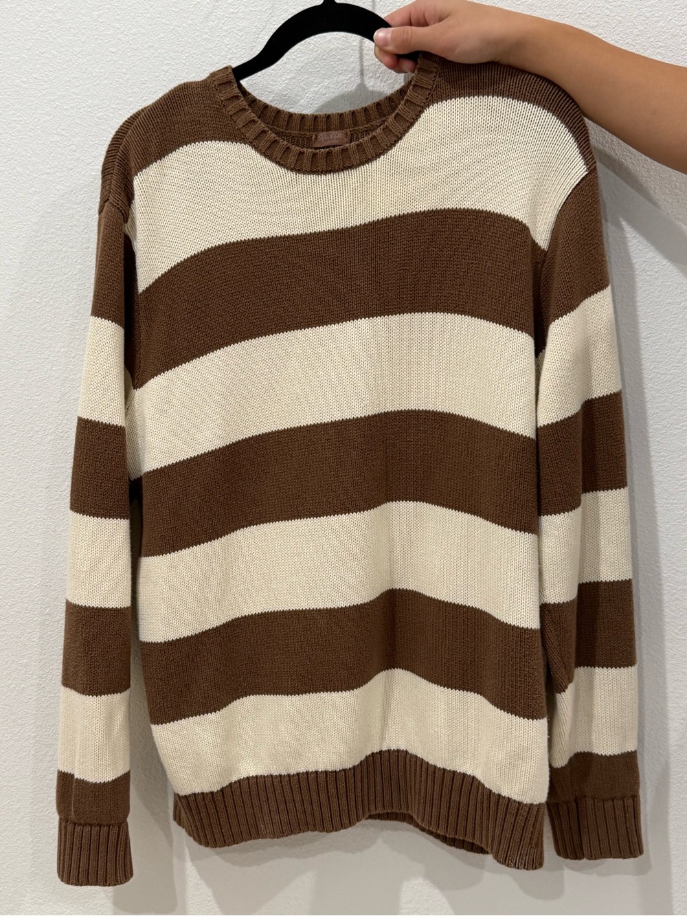 Brandy Melville Brown and Cream Striped Crewneck Sweater